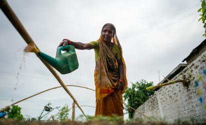 A woman wearing a saree and a green blouse, is watering plants with a green plastic watering can in an outdoor setting.